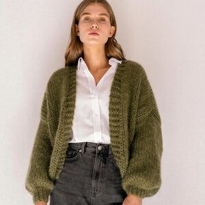 Plexida handmade Mohair bomber cardigan in moss